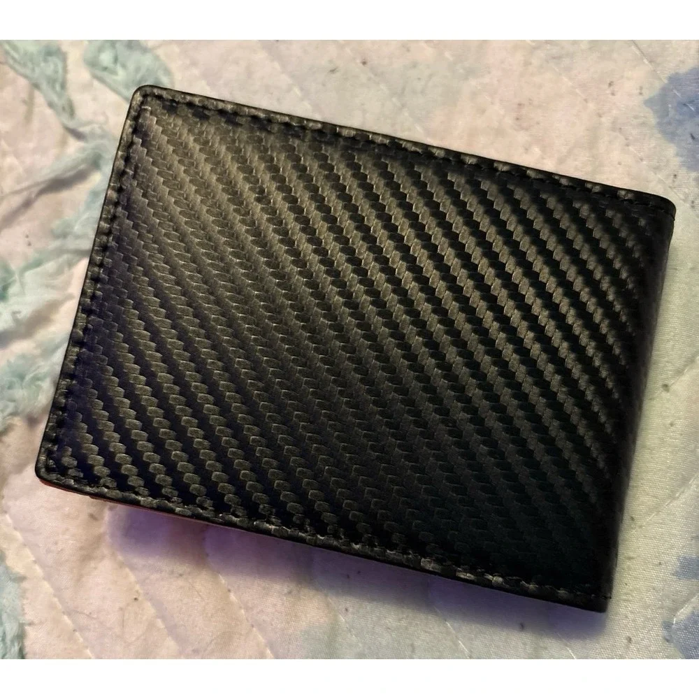 NEW Men's Minimalist Slim Black Carbon Fiber‎ & Orange Wallet w/ Money Clip